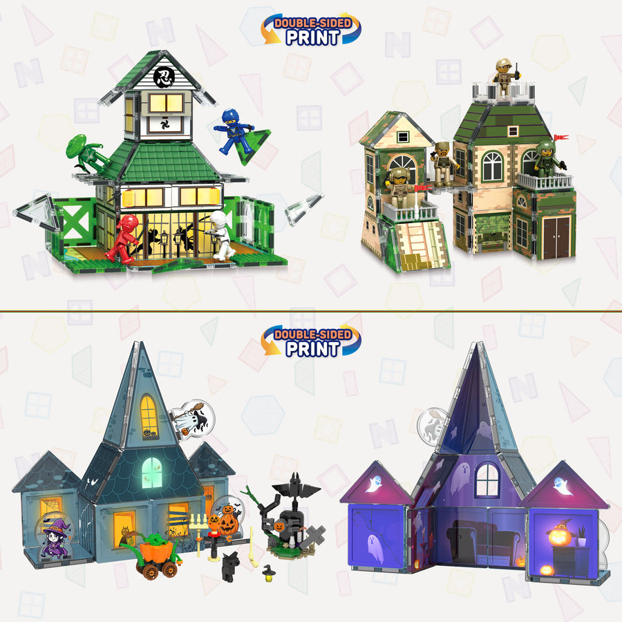 Spooky Halloween haunted house and themed adventure building sets made with magnetic tiles and figurines.   