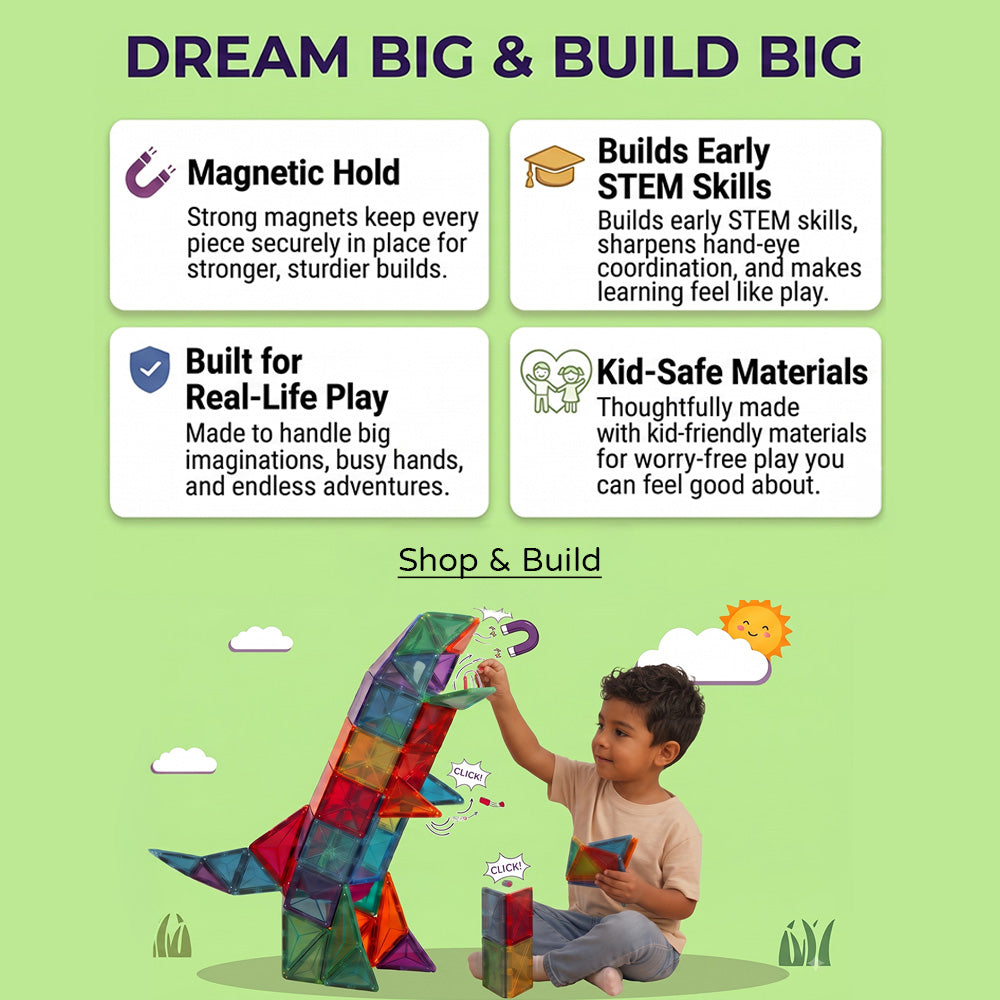 Child connecting magnetic tiles to a large dinosaur build beneath a “Dream Big & Build Big” feature guide highlighting magnetic strength, STEM learning, durability, and kid-friendly materials.