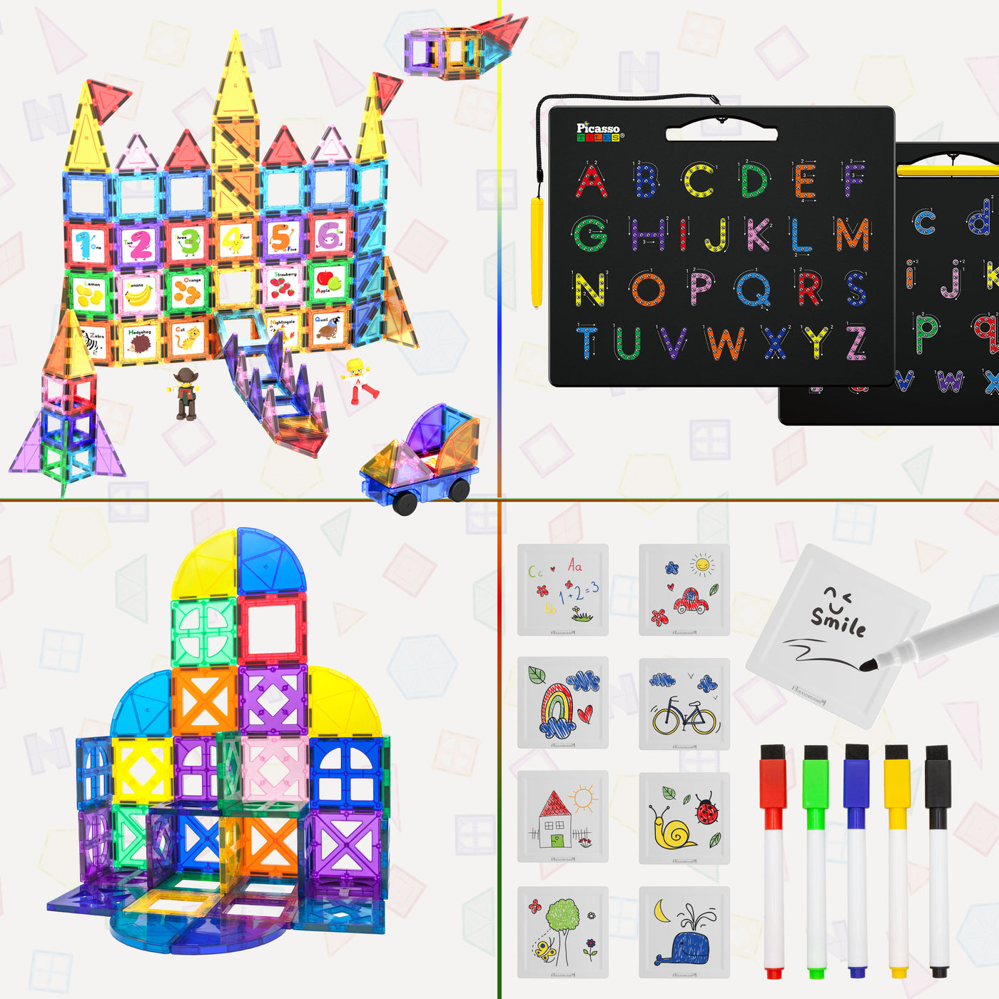 PicassoTiles bundle featuring magnetic builds, alphabet tracing boards, and dry-erase tiles with markers.