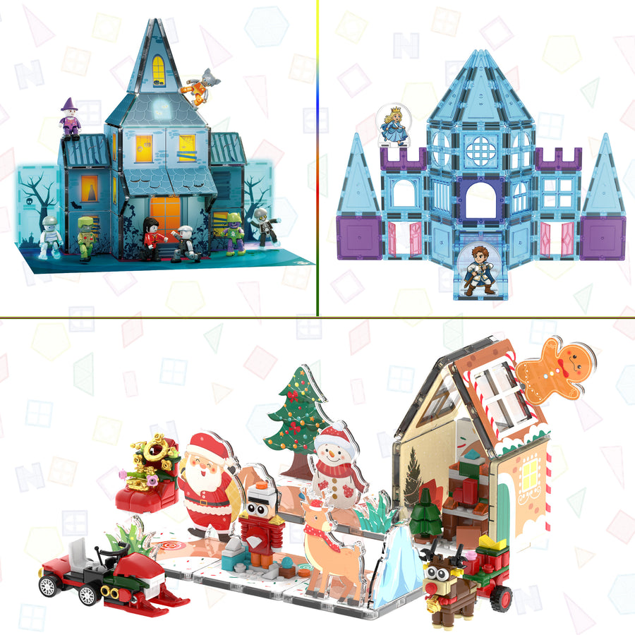 Magnetic tile haunted house, ice castle with 2D figurines, and Christmas gingerbread house scene.   