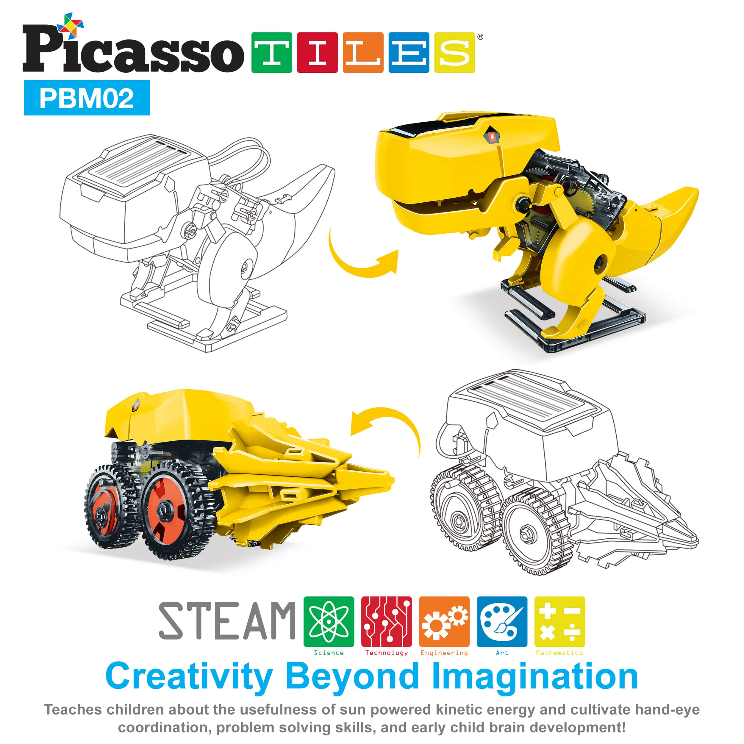 PicassoTiles 3-in-1 Solar Powered Dinosaur Robot Science Kit