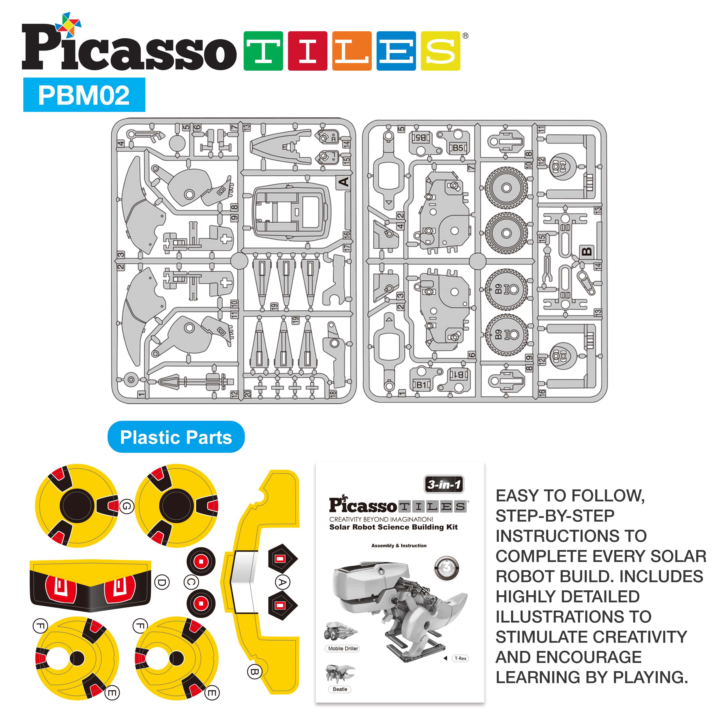 PicassoTiles 3-in-1 Solar Powered Dinosaur Robot Science Kit