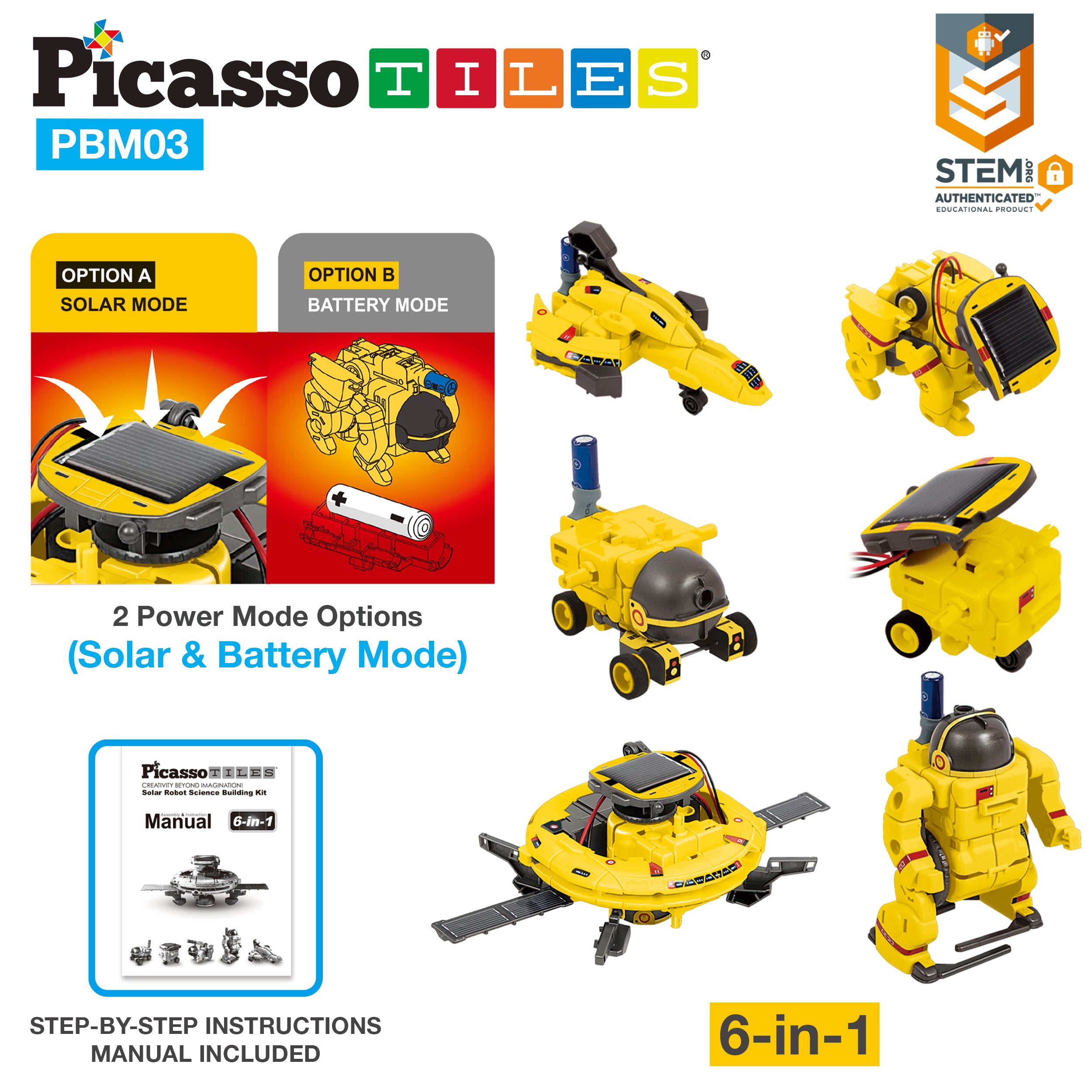 PicassoTiles 6-in-1 STEM Kids Solar Powered UFO Robot Science Kit