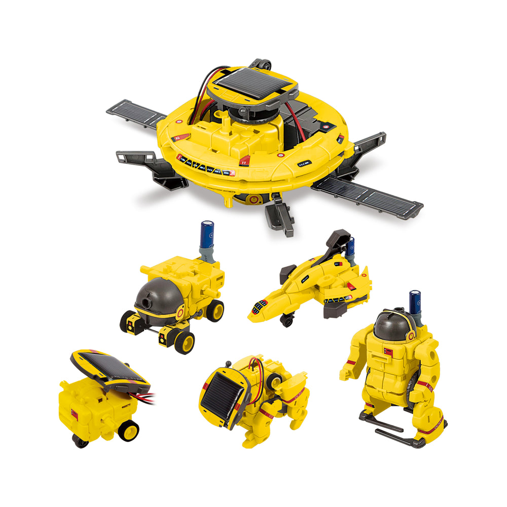 A yellow solar space station toy surrounded by six small yellow solar-powered robots, rovers, and vehicles on a white background.