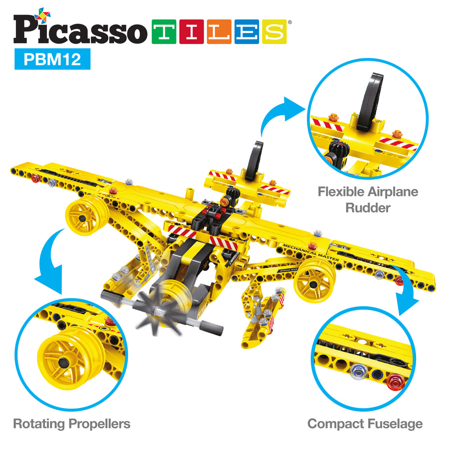 Yellow toy airplane made of building Technic pieces, with callouts highlighting rotating propellers, rudder, and fuselage.