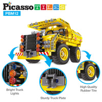 Yellow building-block dump truck toy with close-up features for truck lights, sturdy plate, and rubber tires.