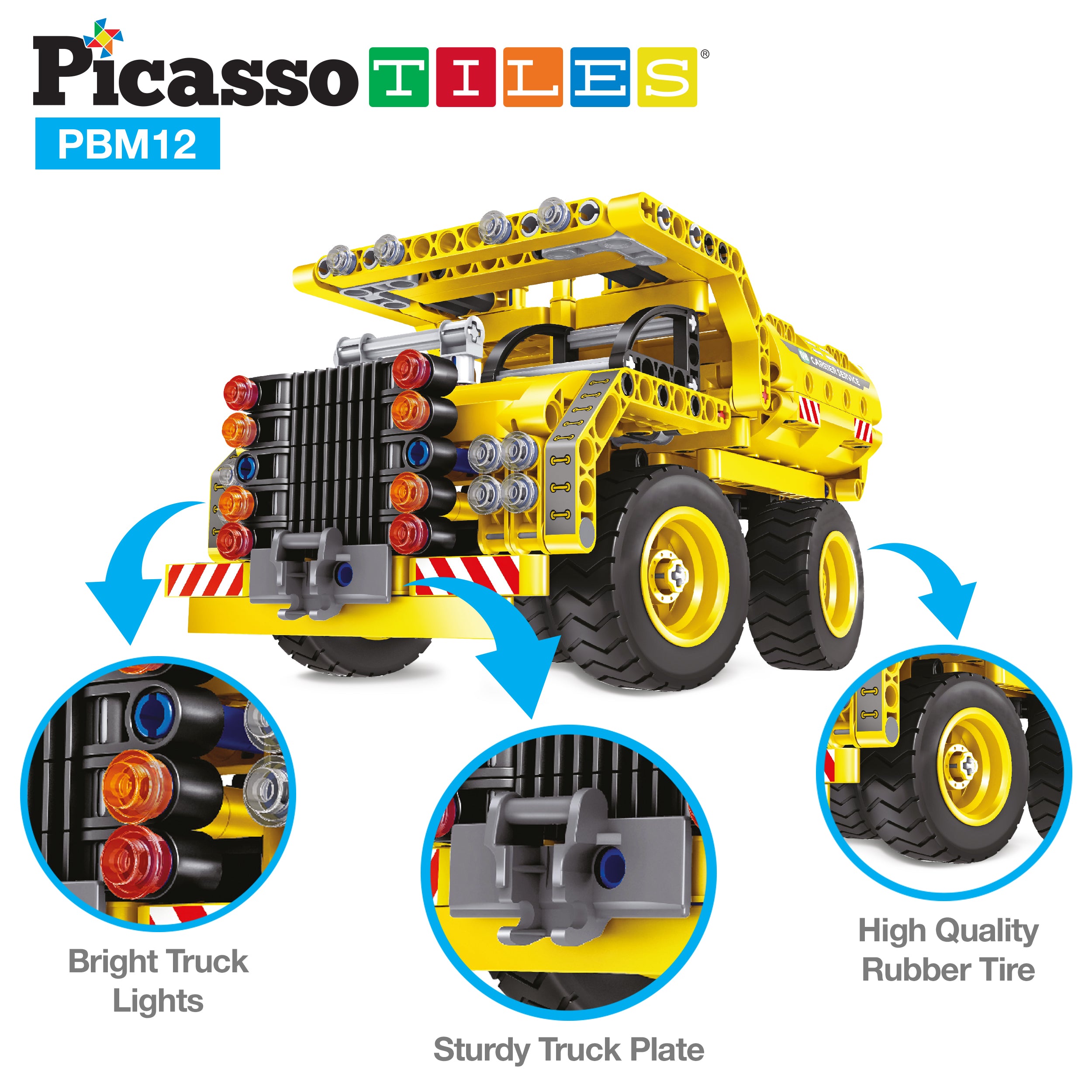 Yellow building-block dump truck toy with close-up features for truck lights, sturdy plate, and rubber tires.