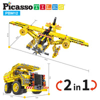 Yellow 2-in-1 building set showing dimensions for a toy airplane and dump truck. (80 characters)