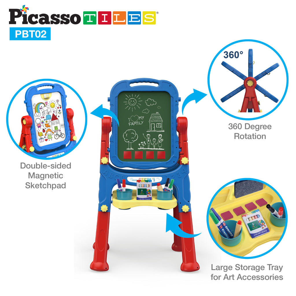 PicassoTiles All-in-One Kids Art Easel Drawing Board, Chalkboard & Whiteboard with Art Accessories, PBT02