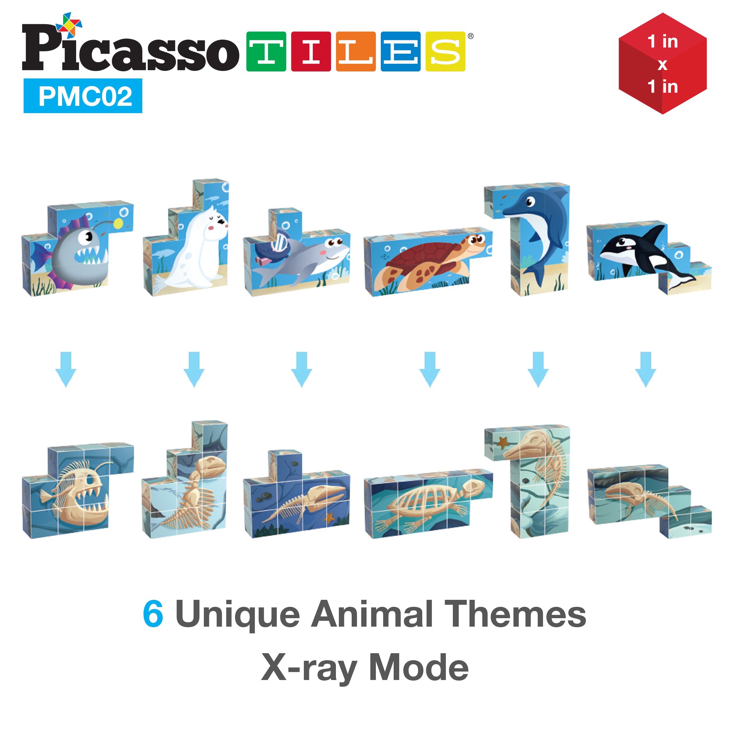 PicassoTiles 63pcs Sea Ocean Animal Magnetic Puzzle Cubes