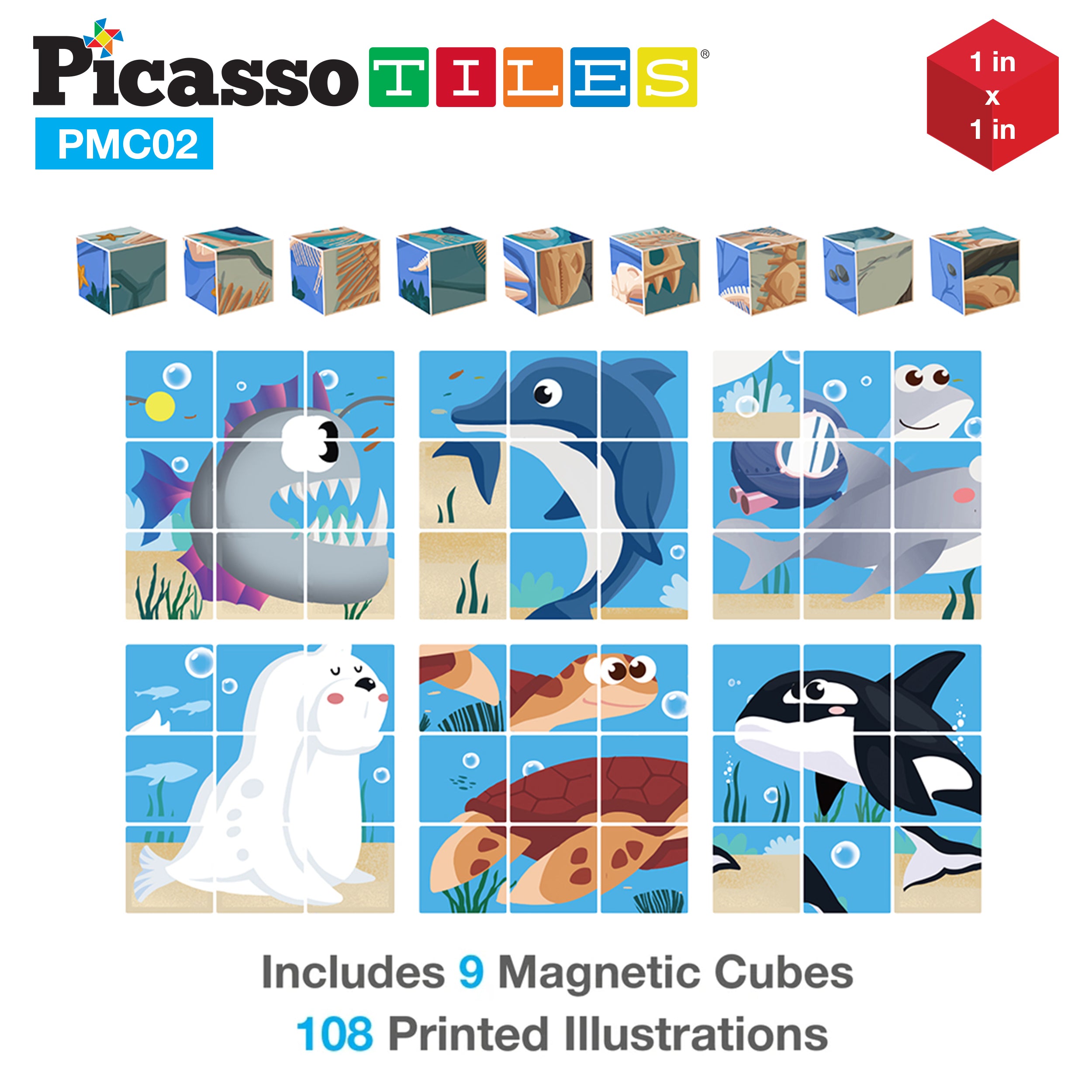 PicassoTiles 63pcs Sea Ocean Animal Magnetic Puzzle Cubes