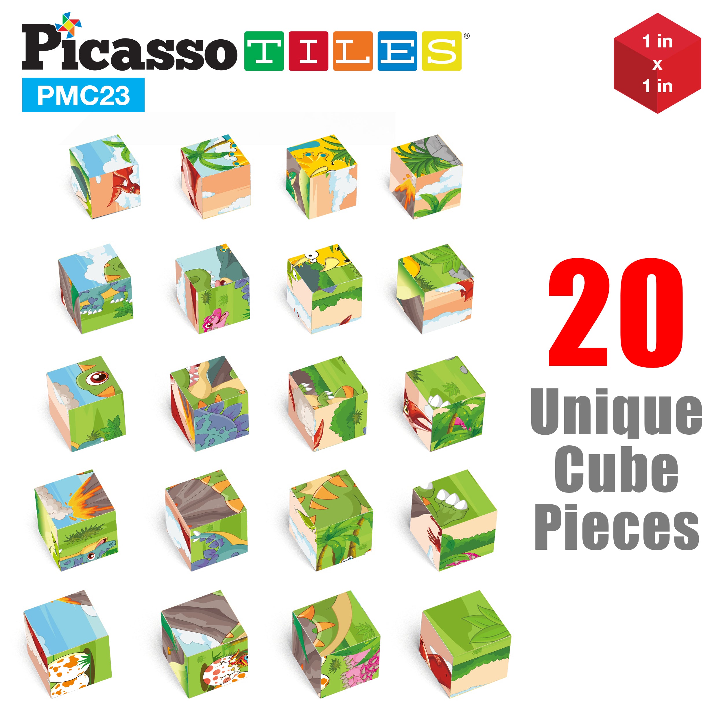 PicassoTiles 1" 20pc Magnetic Cube Puzzle Block Dinosaur Set