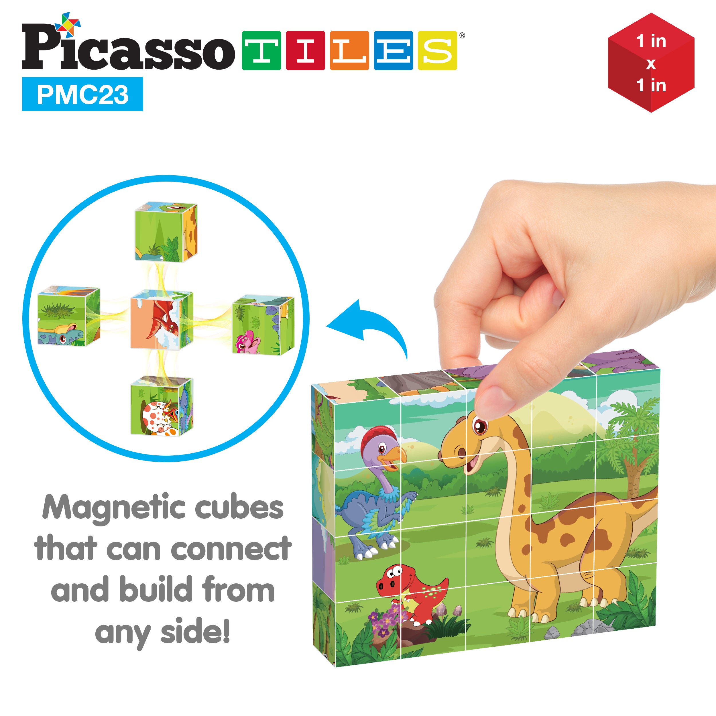 PicassoTiles 1" 20pc Magnetic Cube Puzzle Block Dinosaur Set