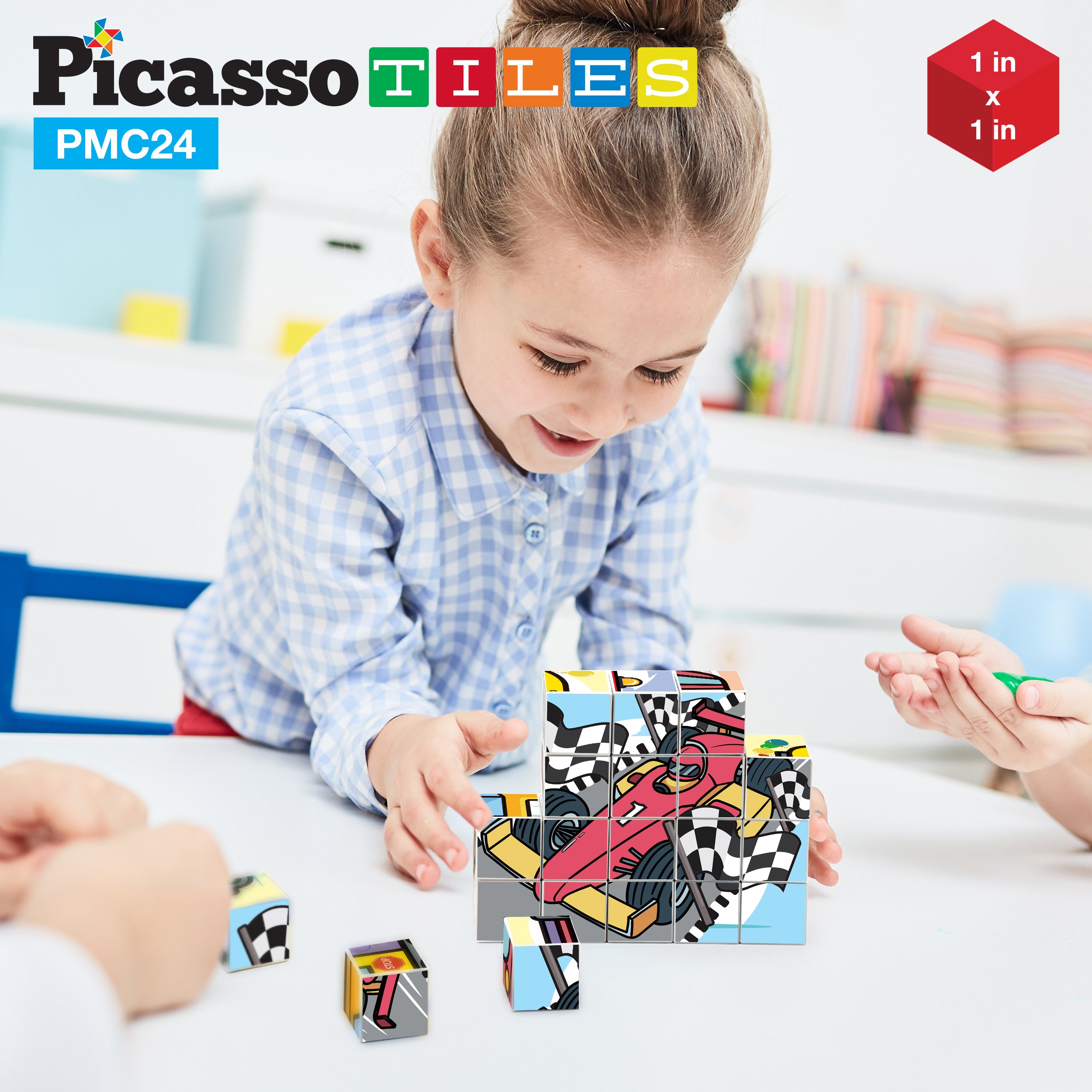 PicassoTiles 1" 20pc Magnetic Cube Puzzle Block Vehicle Set