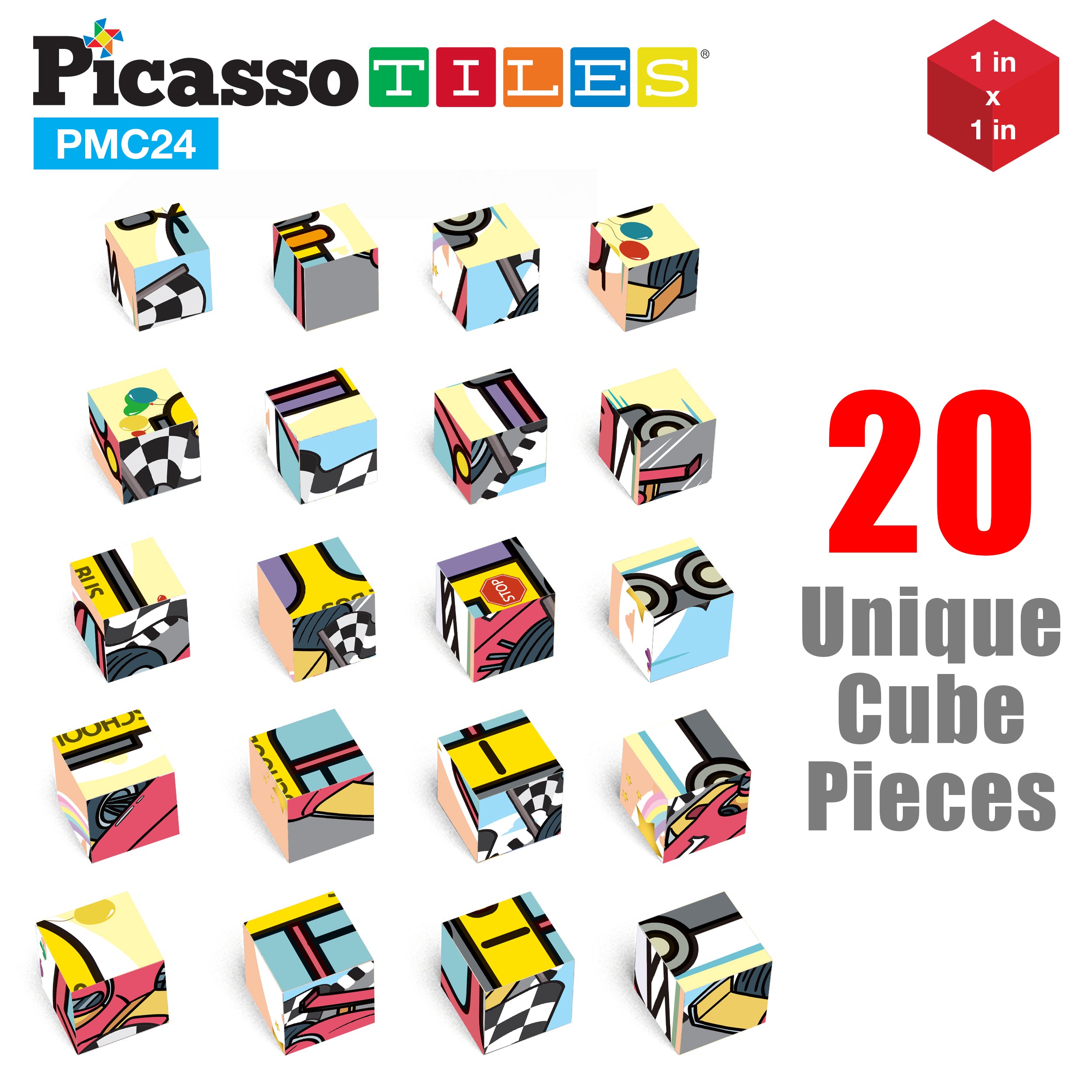 PicassoTiles 1" 20pc Magnetic Cube Puzzle Block Vehicle Set