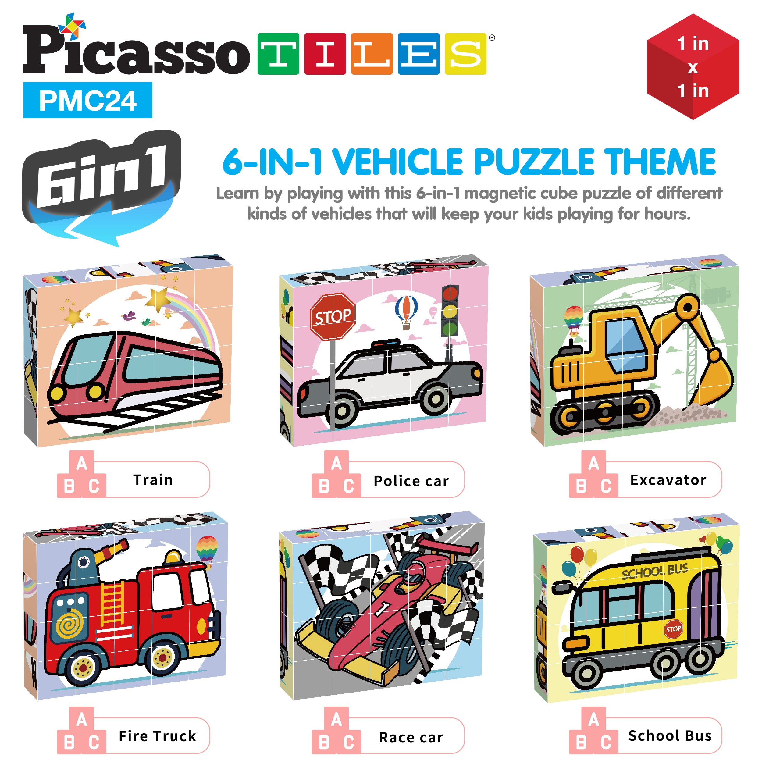 PicassoTiles 1 Magnetic Cube Puzzle Block Vehicle Set 20pcs