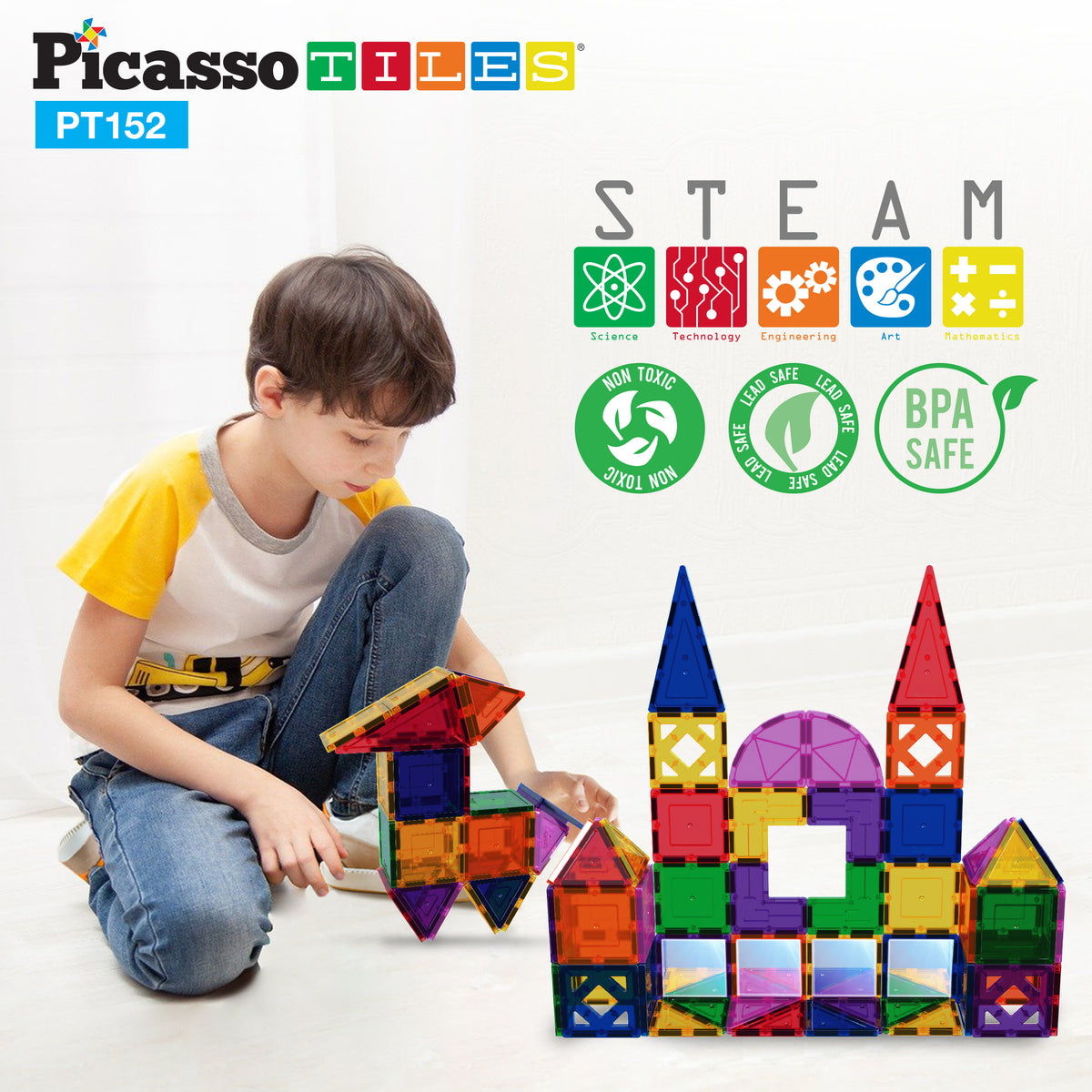 PicassoTiles Magnetic Tile Block Design and Mirror Building Set - 152 ...