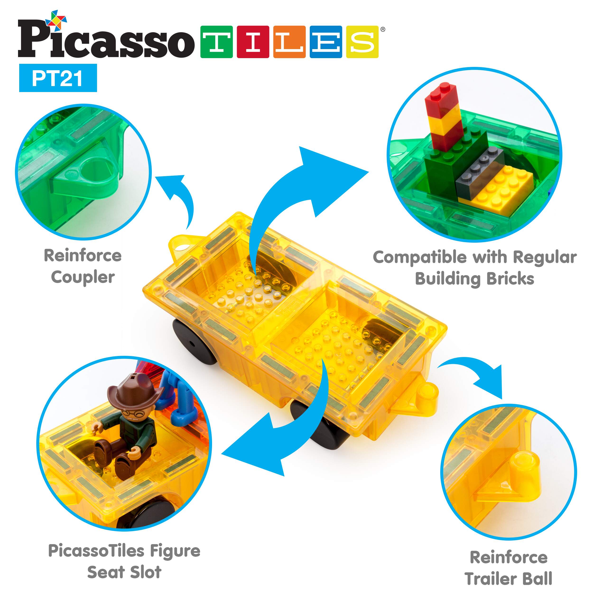 PicassoTiles 2 Piece Car Truck Base Magnetic Tile Set