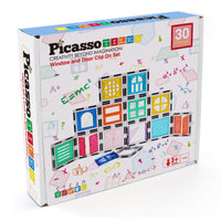 PicassoTiles Magnetic Tile Construction Kit with Swappable Clip-Ons - 30 Pieces
