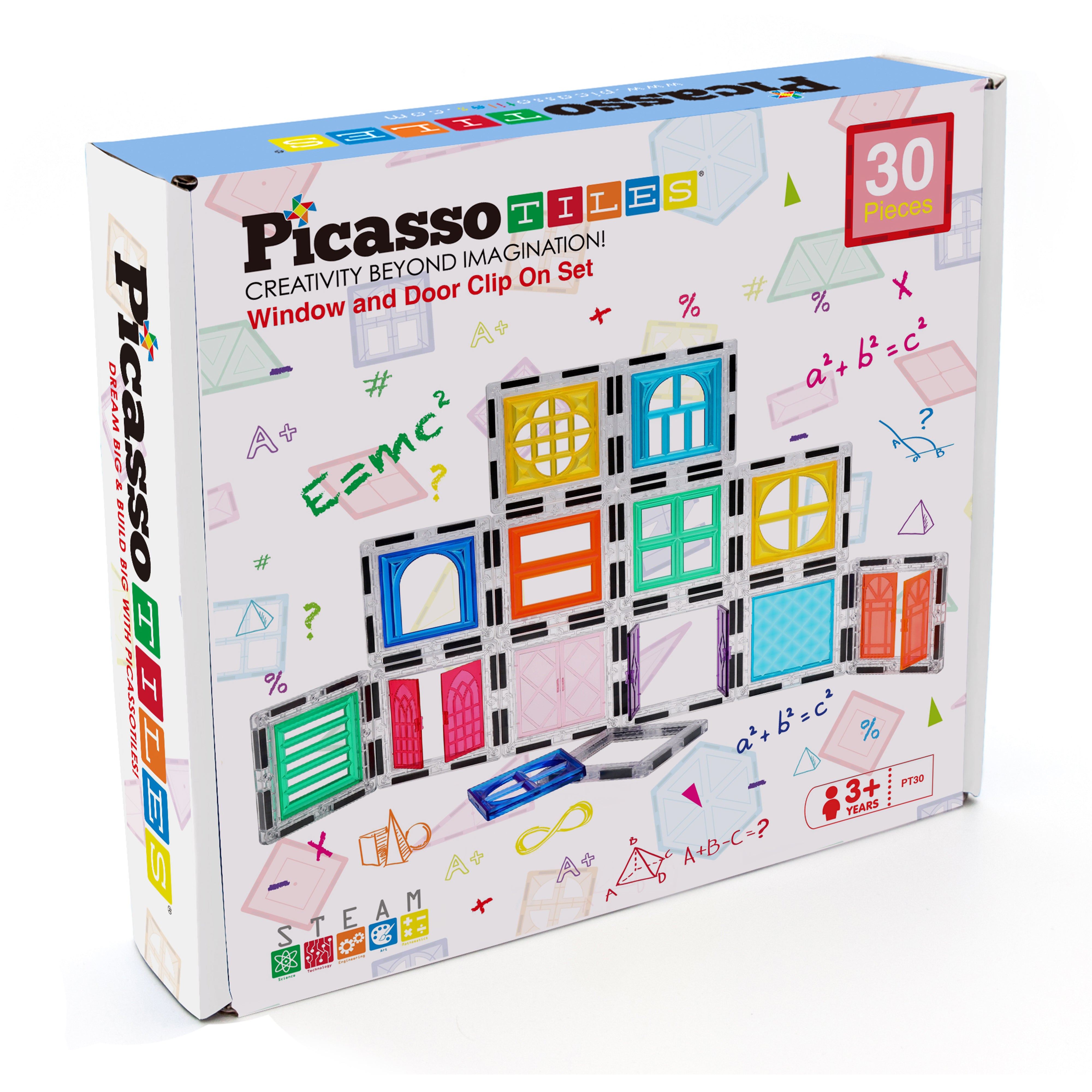 PicassoTiles Magnetic Tile Construction Kit with Swappable Clip-Ons - 30 Pieces
