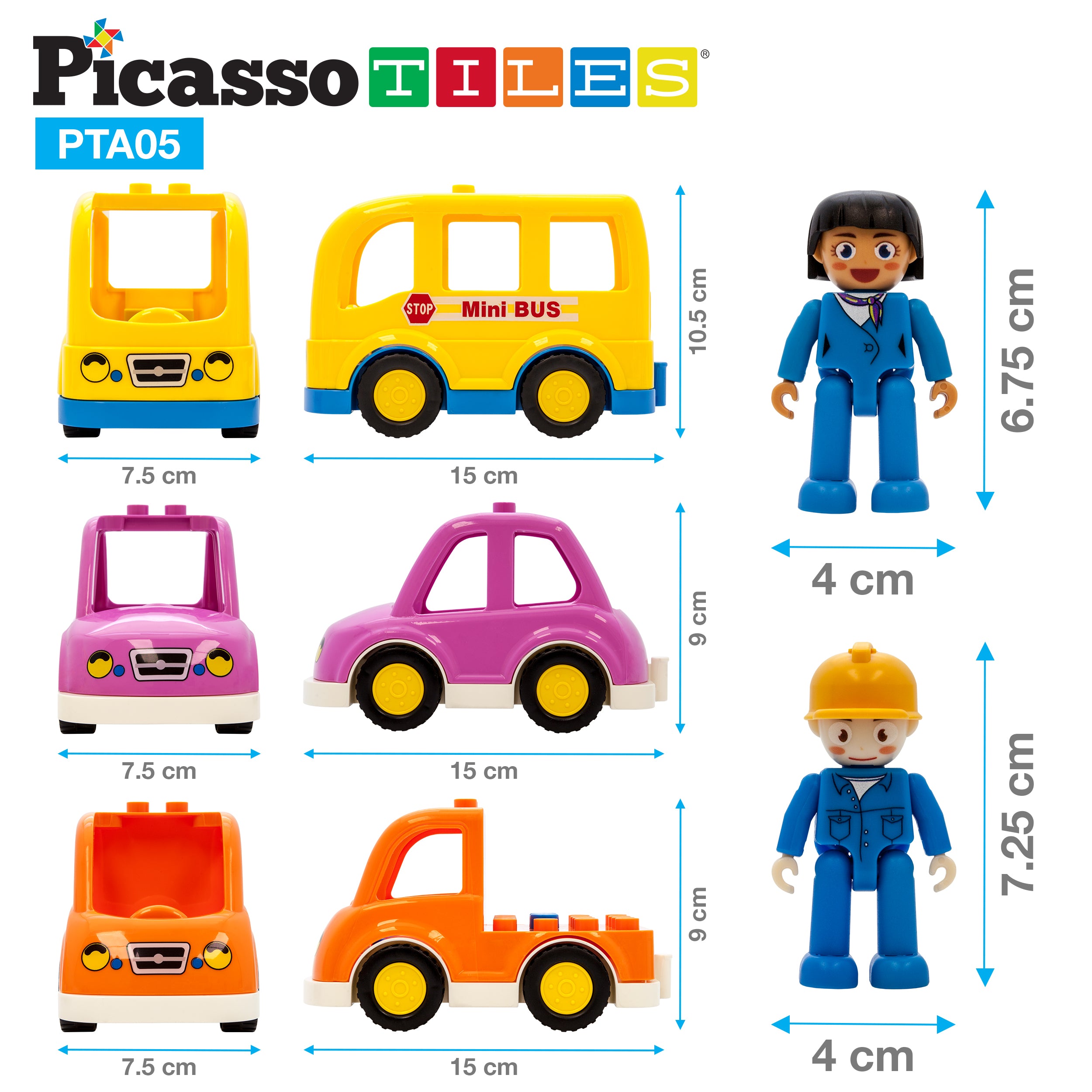 PicassoTiles Magnetic Toy Character Action Figure with 3 Cars