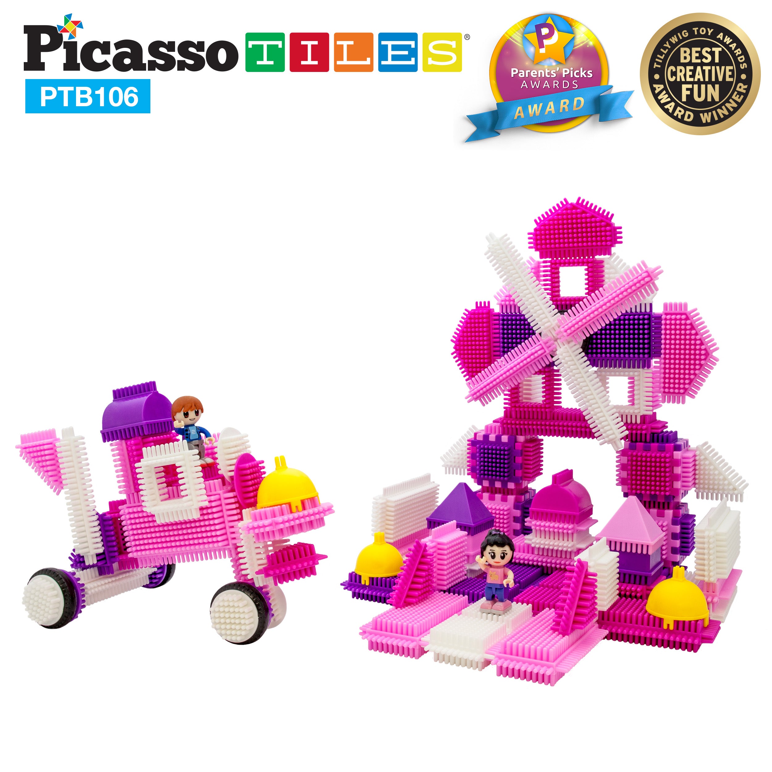 PicassoTiles 106pc Pink Castle Hedgehog Building Blocks Basic