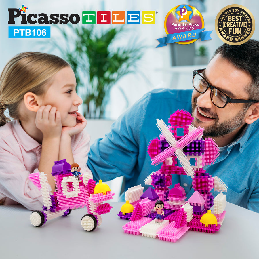 PicassoTiles 106pc Pink Castle Hedgehog Building Blocks Basic Building Set