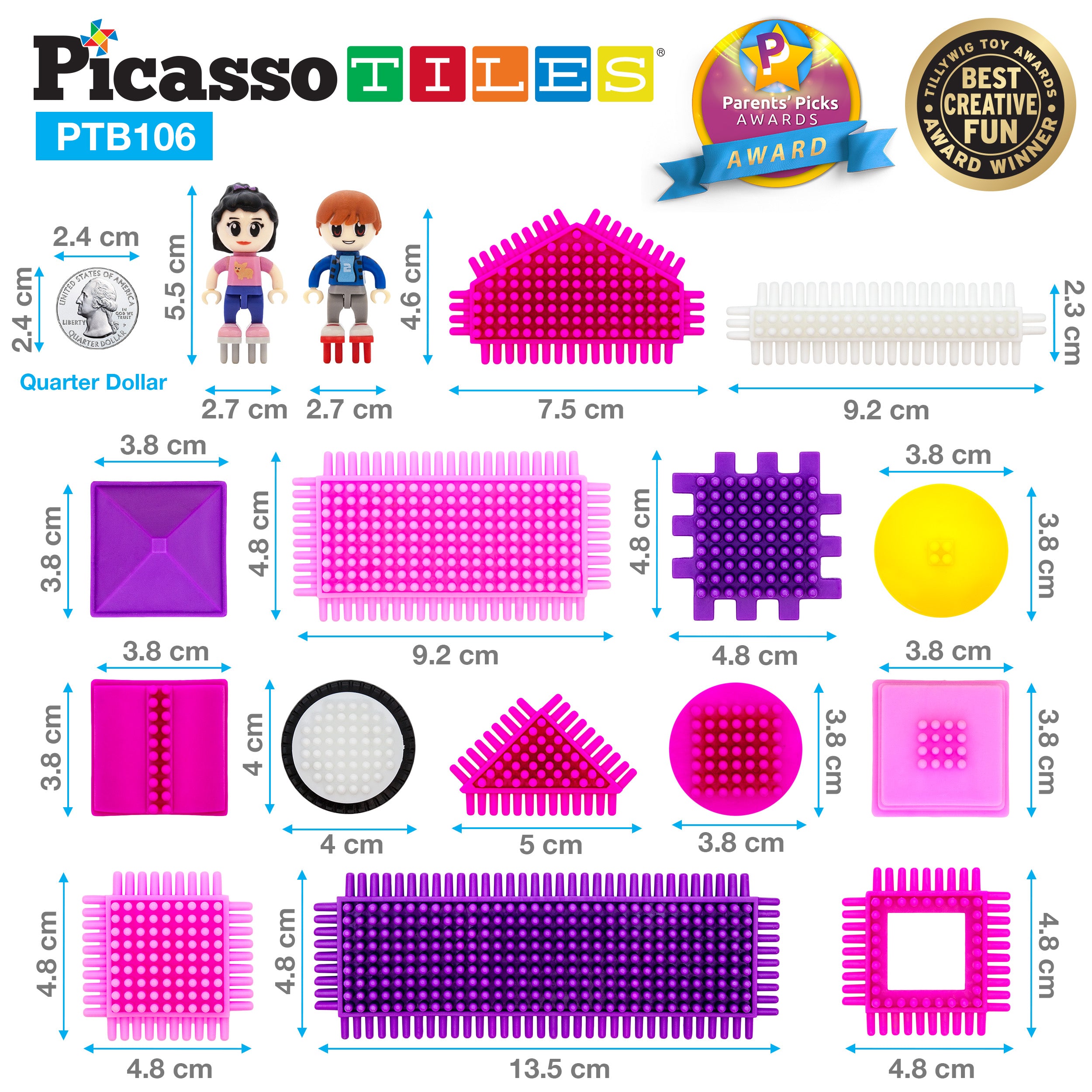 PicassoTiles 106pc Pink Castle Hedgehog Building Blocks Basic Building ...