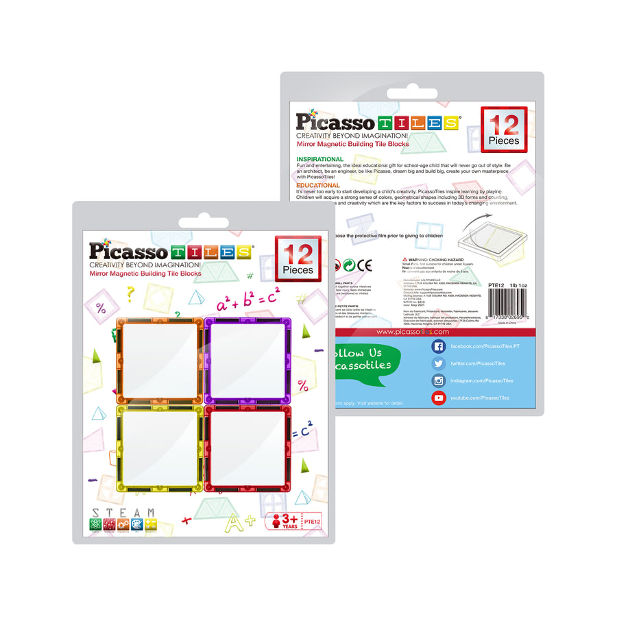 PicassoTiles 12 Piece Magnetic Tile Mirror Building Set