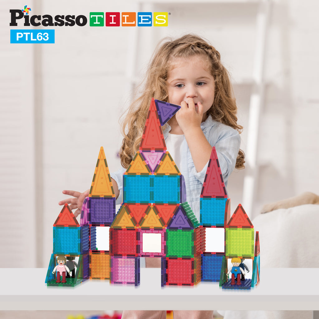 PicassoTiles 63 Piece Magnetic Building Tiles Toy Set PTL63