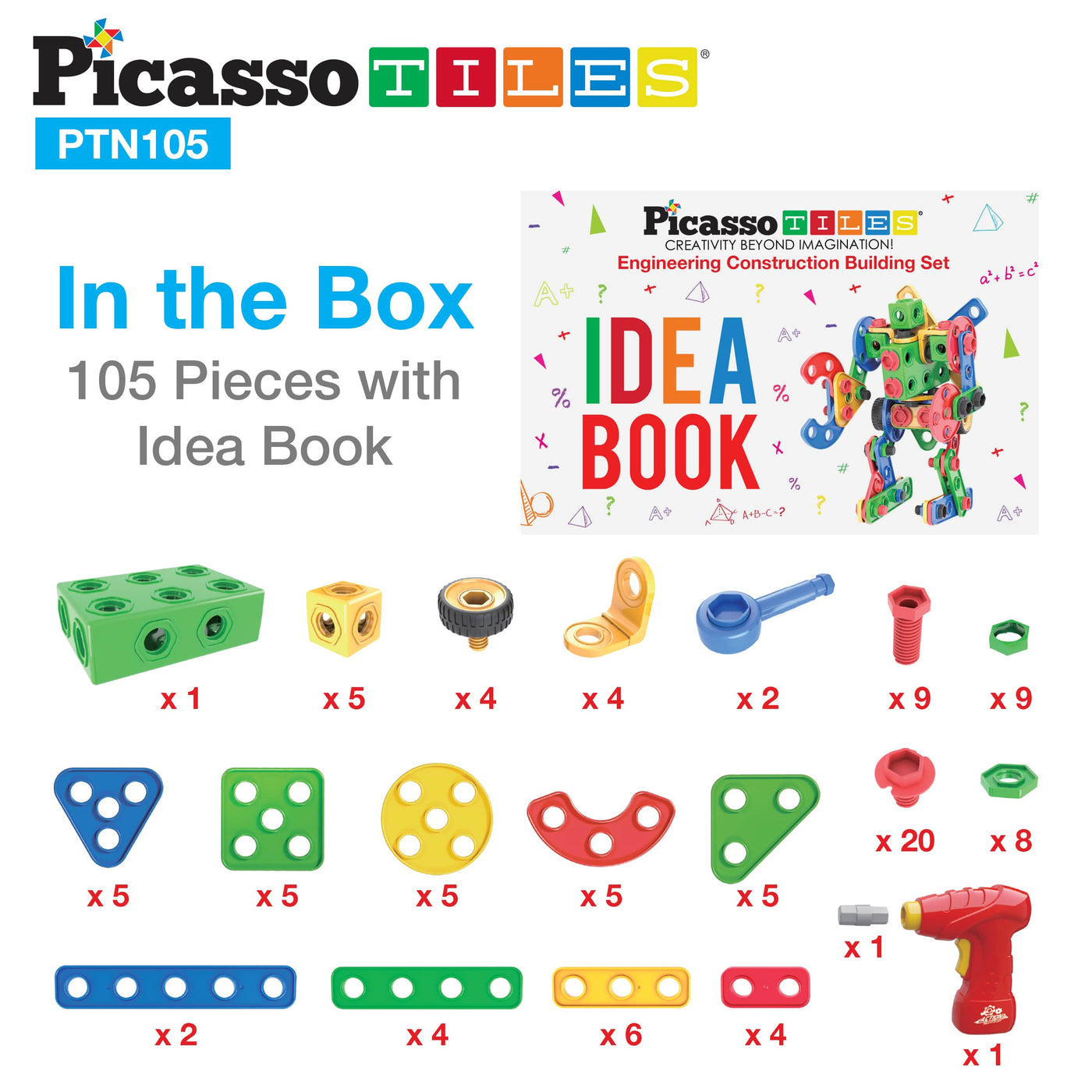 PicassoTiles 105pc Engineering Construction Set with Power Drill