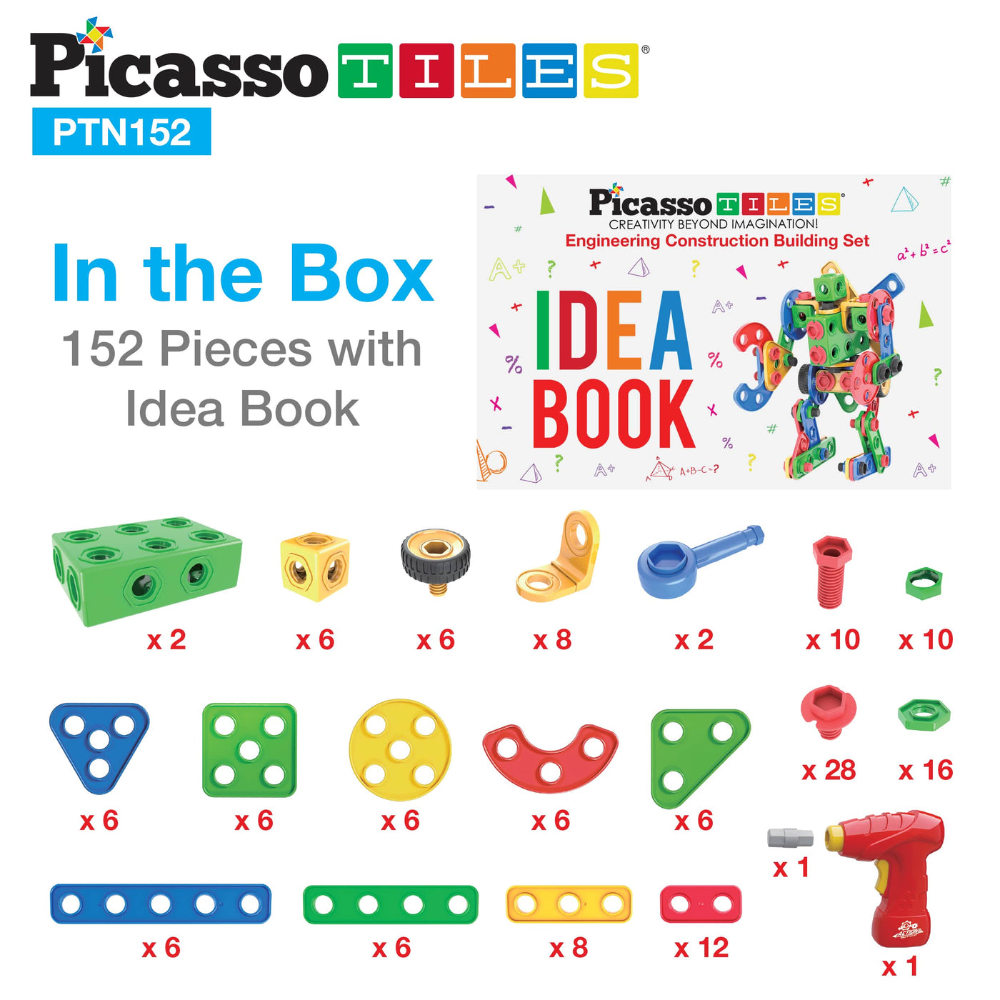 PicassoTiles 152pc Engineering Construction Set with Power Drill
