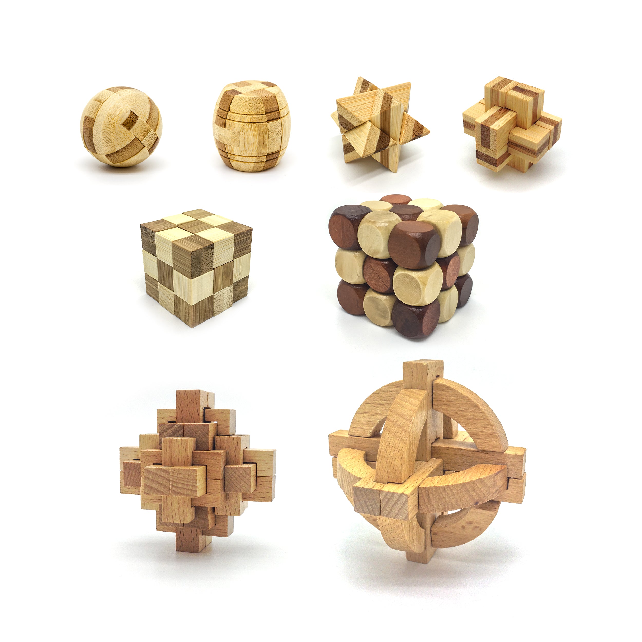 PicassoTiles 8 Styles Wooden Burr Cube, Ball and Barrels Logic Puzzle PTP08