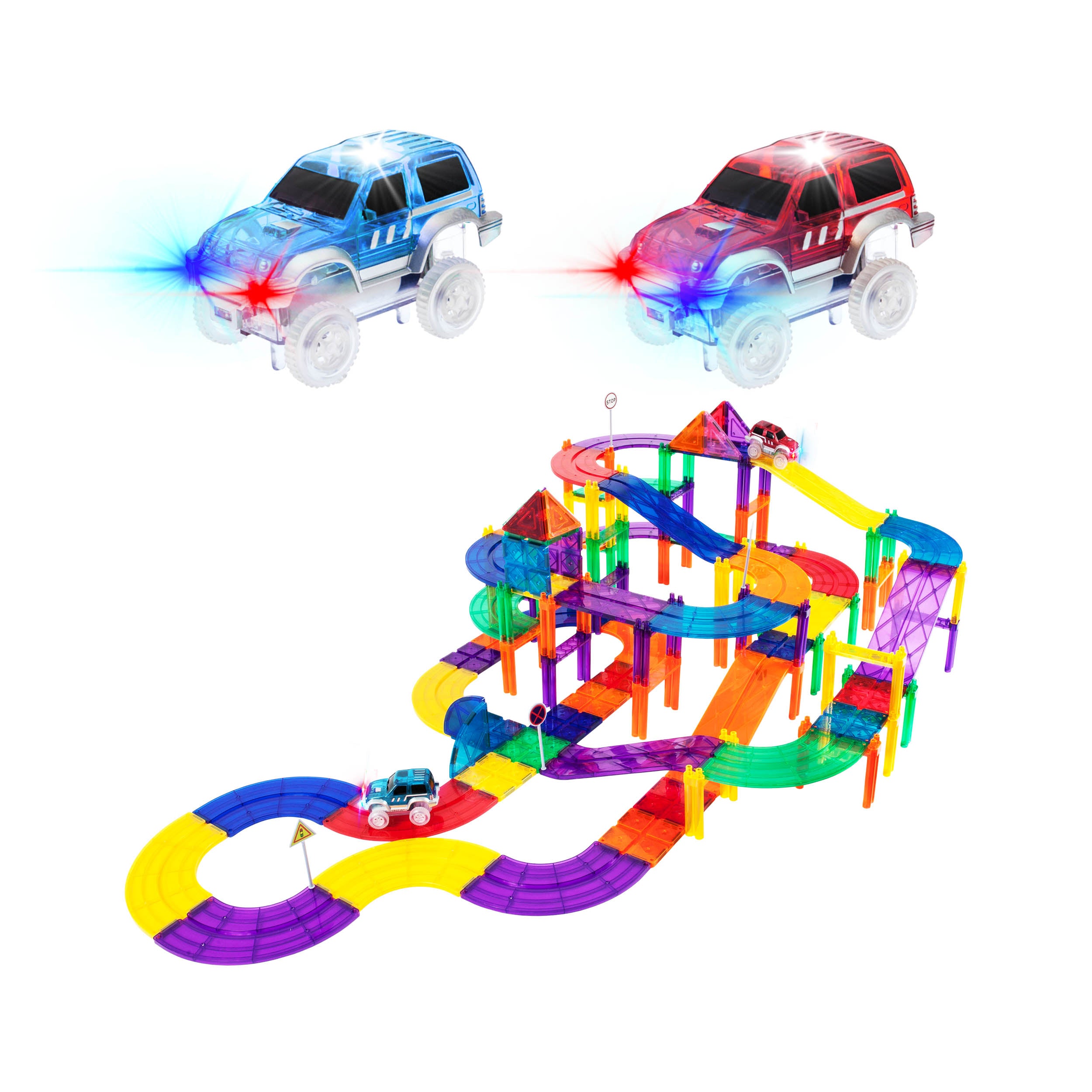 PicassoTiles 100pc Race Track Building Blocks with LED Cars · PicassoTiles