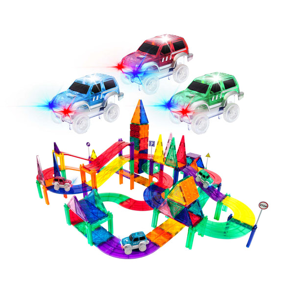 PicassoTiles Magnetic Car Race Track Building Blocks w/LED Race Cars
