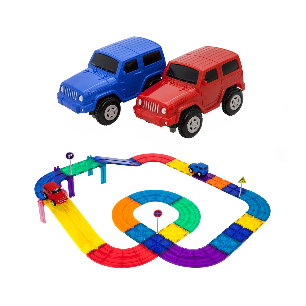 PicassoTiles Magnetic Race Car Track Construction Kit with 2 Trucks, S