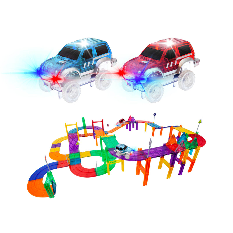 Two LED race cars with lights on a colorful multi-level magnetic track layout featuring curves, slopes, and elevated sections.
