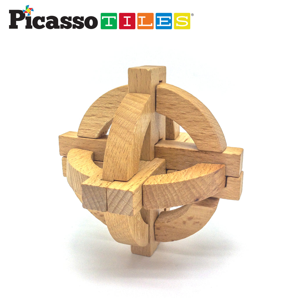 PicassoTiles 8 Styles Wooden Burr Cube Ball and Barrels Logic Puzzle